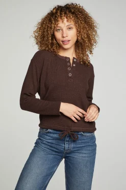 Women Chaser Brand Long Sleeve Snap Henley Drawstring Waist Tee