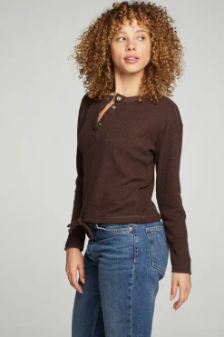 Women Chaser Brand Long Sleeve Snap Henley Drawstring Waist Tee