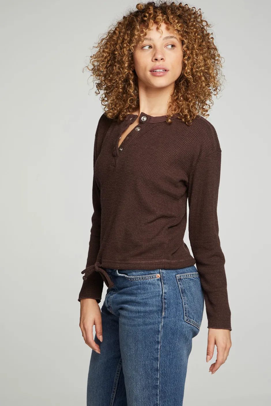 Women Chaser Brand Long Sleeve Snap Henley Drawstring Waist Tee