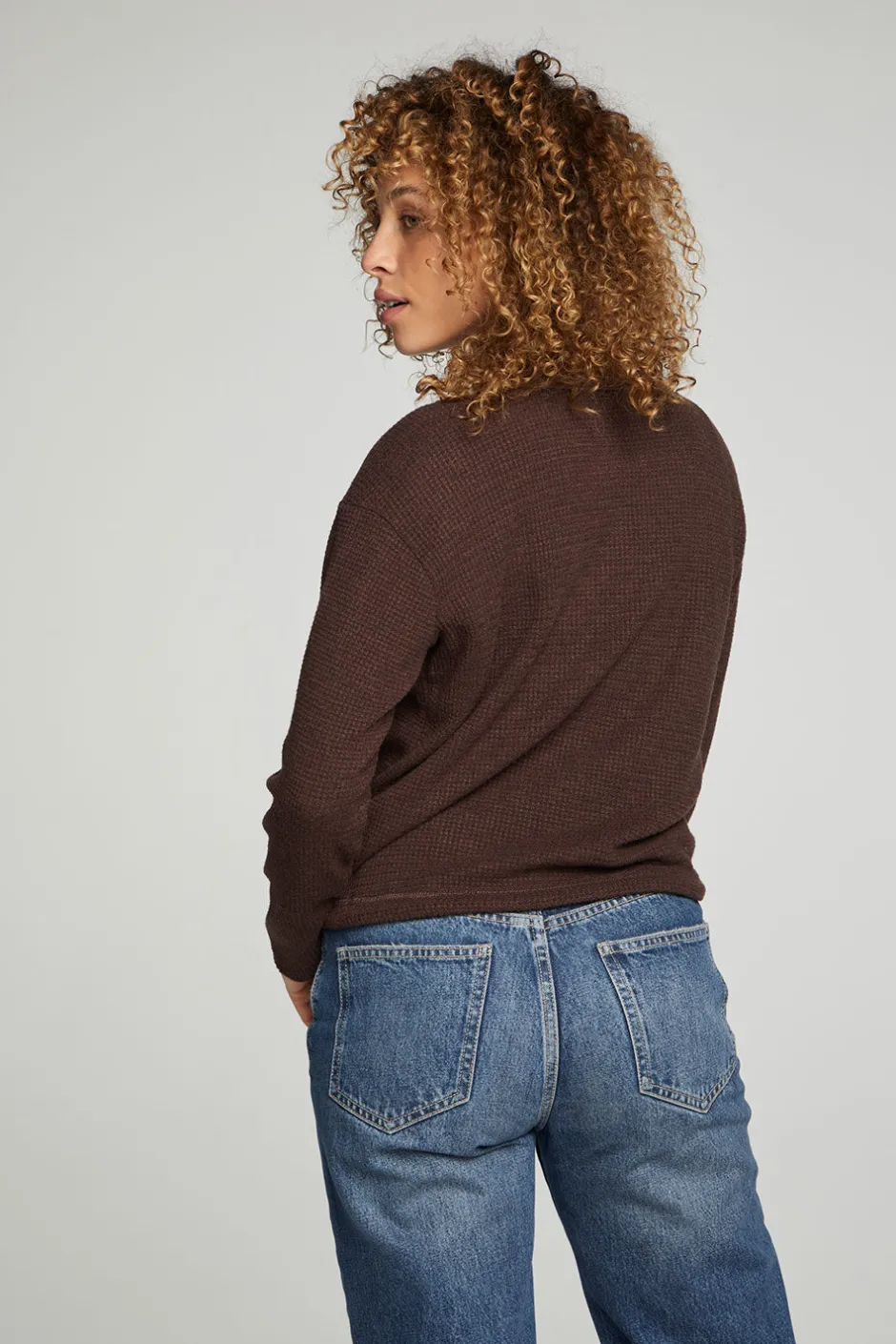Women Chaser Brand Long Sleeve Snap Henley Drawstring Waist Tee