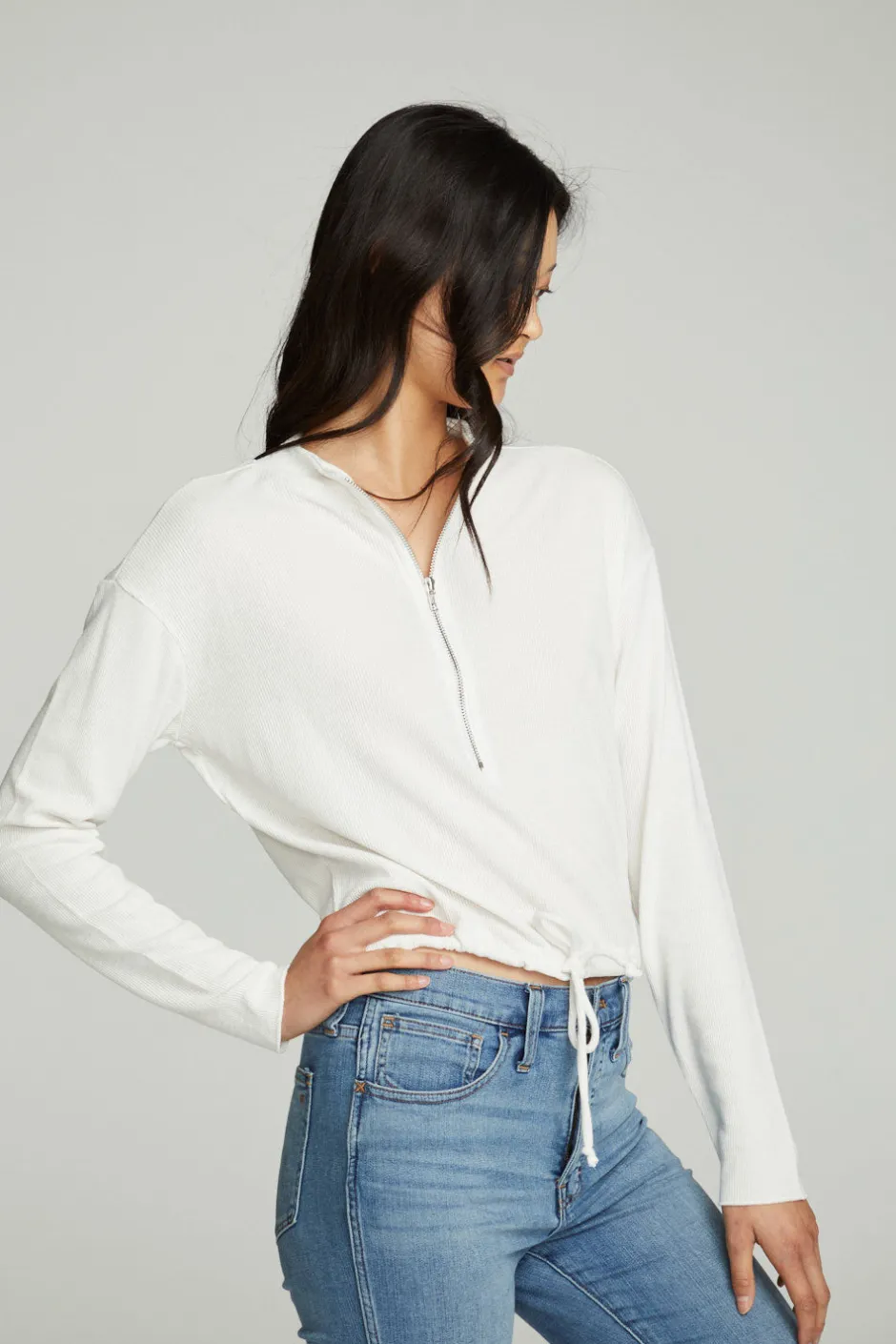 Women Chaser Brand Long Sleeve Zipper Mock Neck Semi Cropped Tee