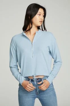 Women Chaser Brand Long Sleeve Zipper Mock Neck Semi Cropped Tee