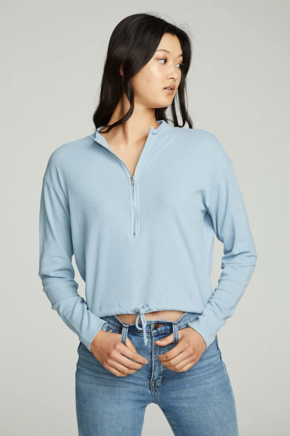 Women Chaser Brand Long Sleeve Zipper Mock Neck Semi Cropped Tee
