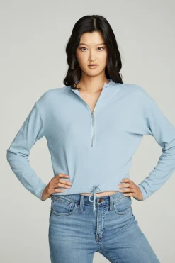 Women Chaser Brand Long Sleeve Zipper Mock Neck Semi Cropped Tee