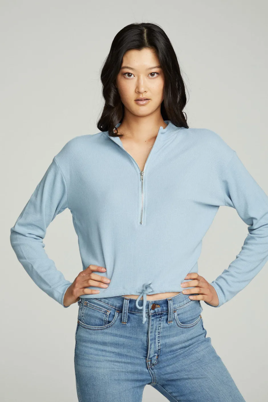 Women Chaser Brand Long Sleeve Zipper Mock Neck Semi Cropped Tee