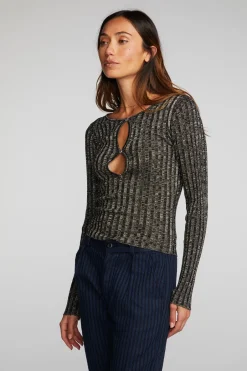 Women Chaser Brand Lurex Rib Knit Long Sleeve Top With Open Keyhole