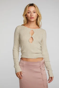 Women Chaser Brand Lurex Rib Knit Long Sleeve Top With Open Keyhole