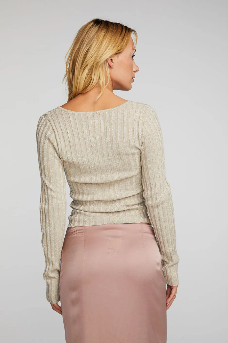 Women Chaser Brand Lurex Rib Knit Long Sleeve Top With Open Keyhole