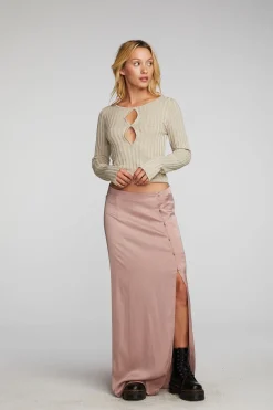 Women Chaser Brand Lurex Rib Knit Long Sleeve Top With Open Keyhole