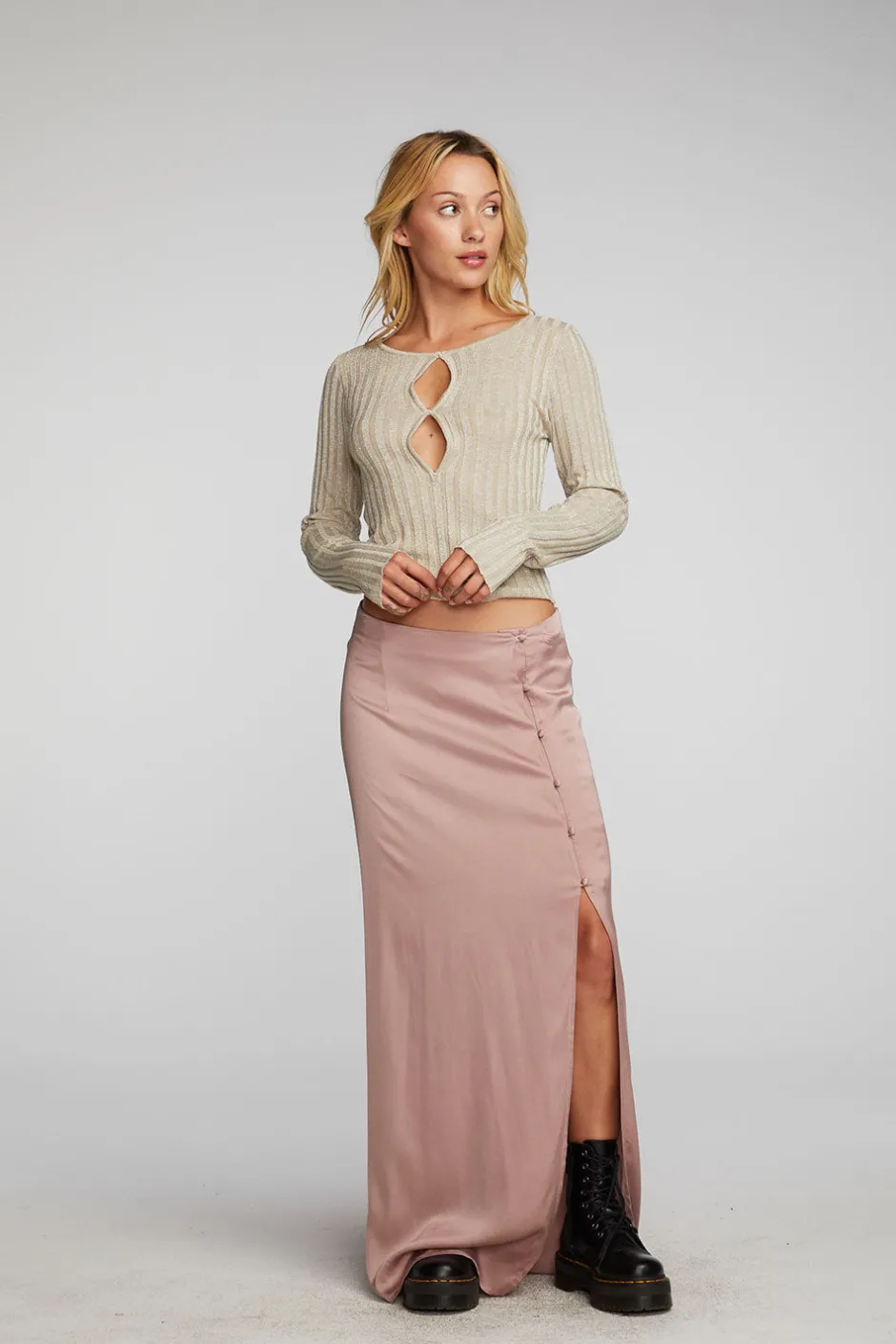 Women Chaser Brand Lurex Rib Knit Long Sleeve Top With Open Keyhole