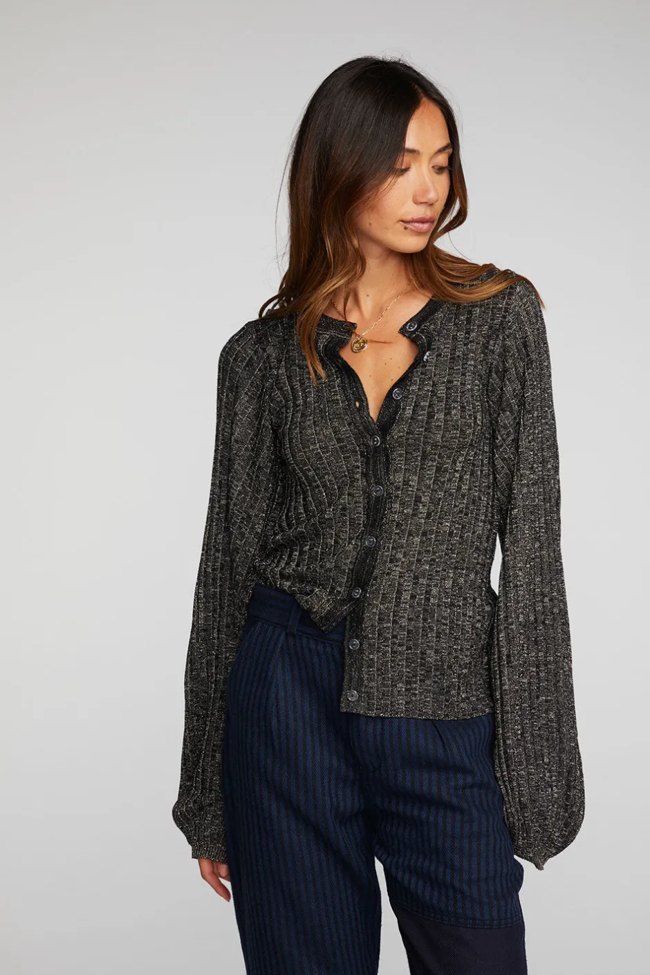 Women Chaser Brand Lurex Rib Knit Long Sleeve Tunic
