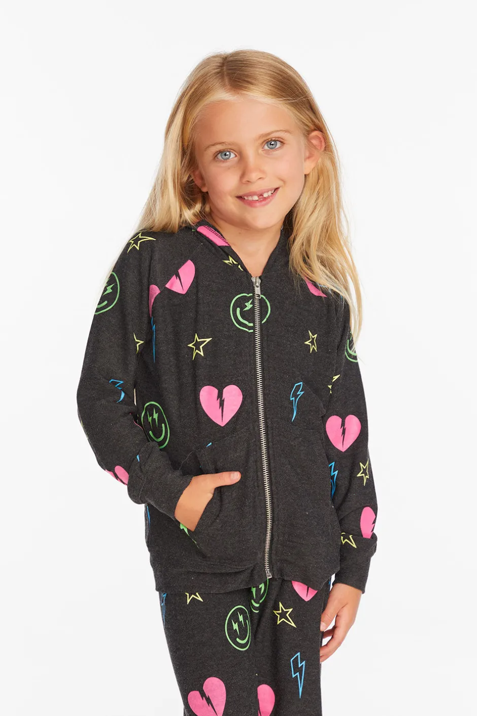 Kids Chaser Brand Neon Heart & Smiles Girls Zip-up Hoodie