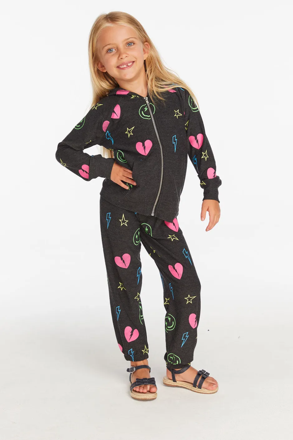 Kids Chaser Brand Neon Heart & Smiles Girls Zip-up Hoodie