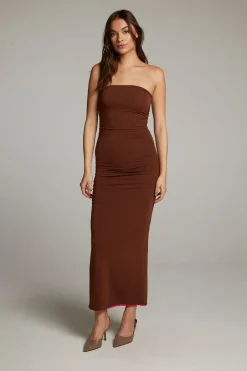 Women Chaser Brand Panama Coffee And Raspberry Reversible Midi Dress