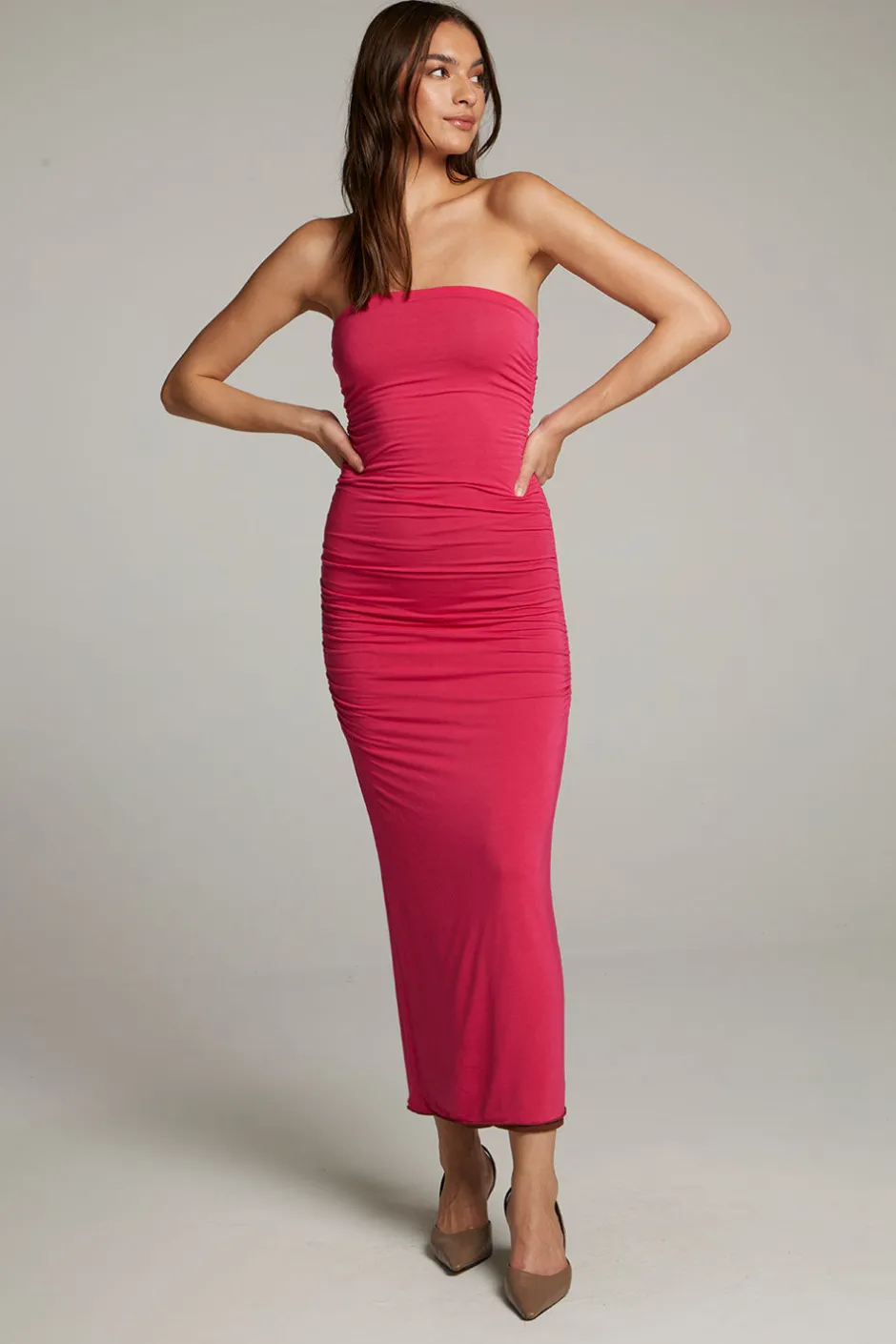 Women Chaser Brand Panama Coffee And Raspberry Reversible Midi Dress