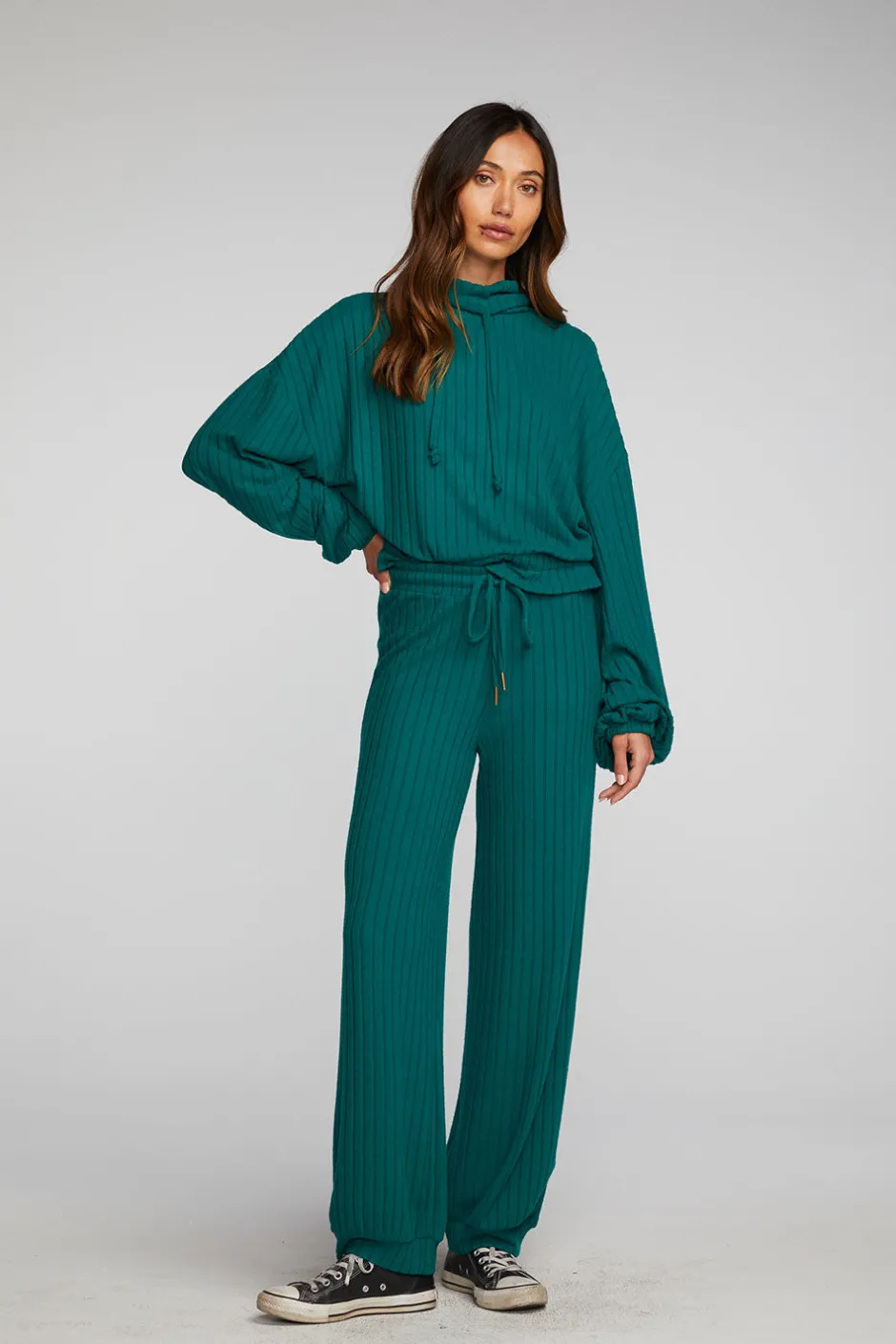 Women Chaser Brand Poor Boy Rib Knit Cropped Pullover With Elastic Waist & Sleeve