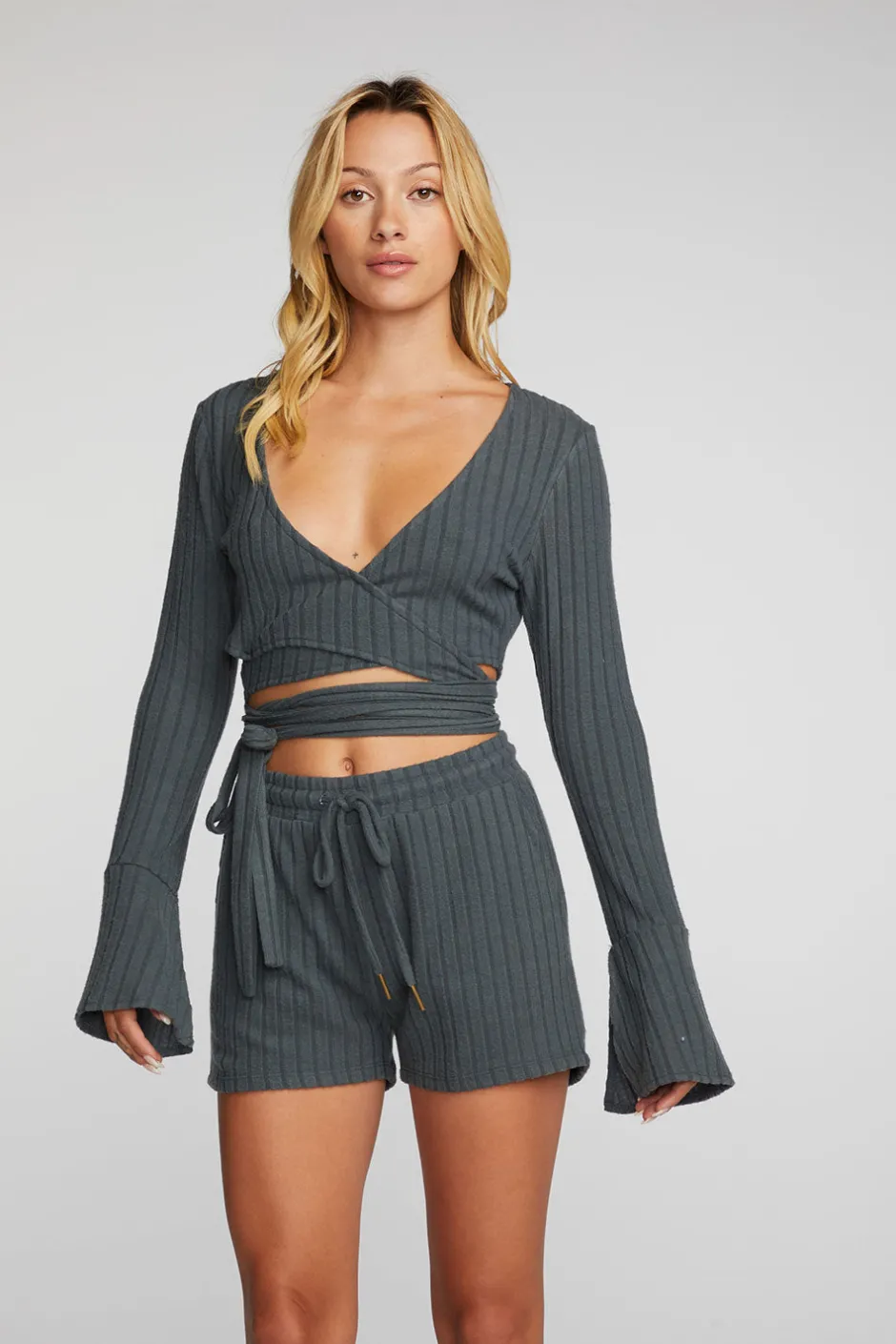 Women Chaser Brand Poor Boy Rib Long Sleeve Wrap Top