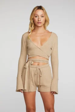 Women Chaser Brand Poor Boy Rib Long Sleeve Wrap Top