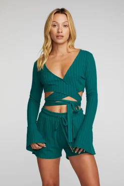Women Chaser Brand Poor Boy Rib Long Sleeve Wrap Top
