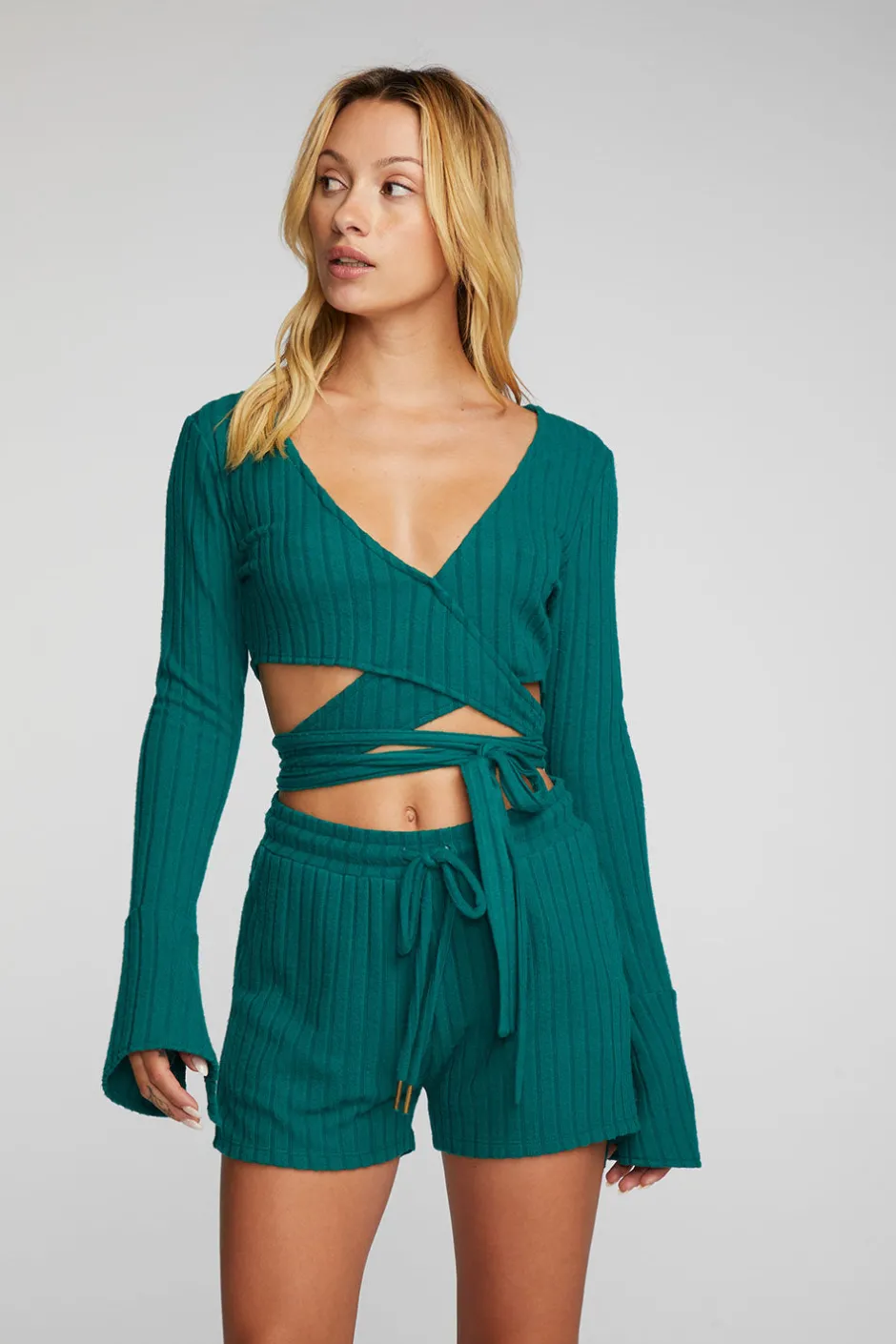 Women Chaser Brand Poor Boy Rib Long Sleeve Wrap Top