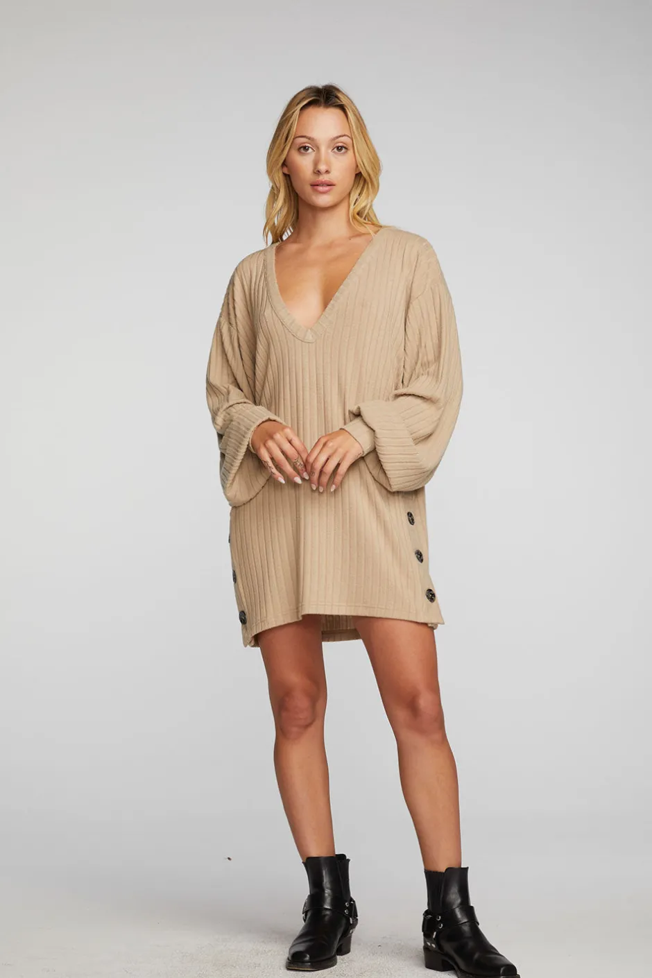 Women Chaser Brand Poor Boy Rib V-neck Tunic With Button Side Seam