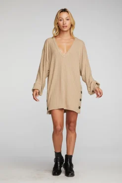 Women Chaser Brand Poor Boy Rib V-neck Tunic With Button Side Seam