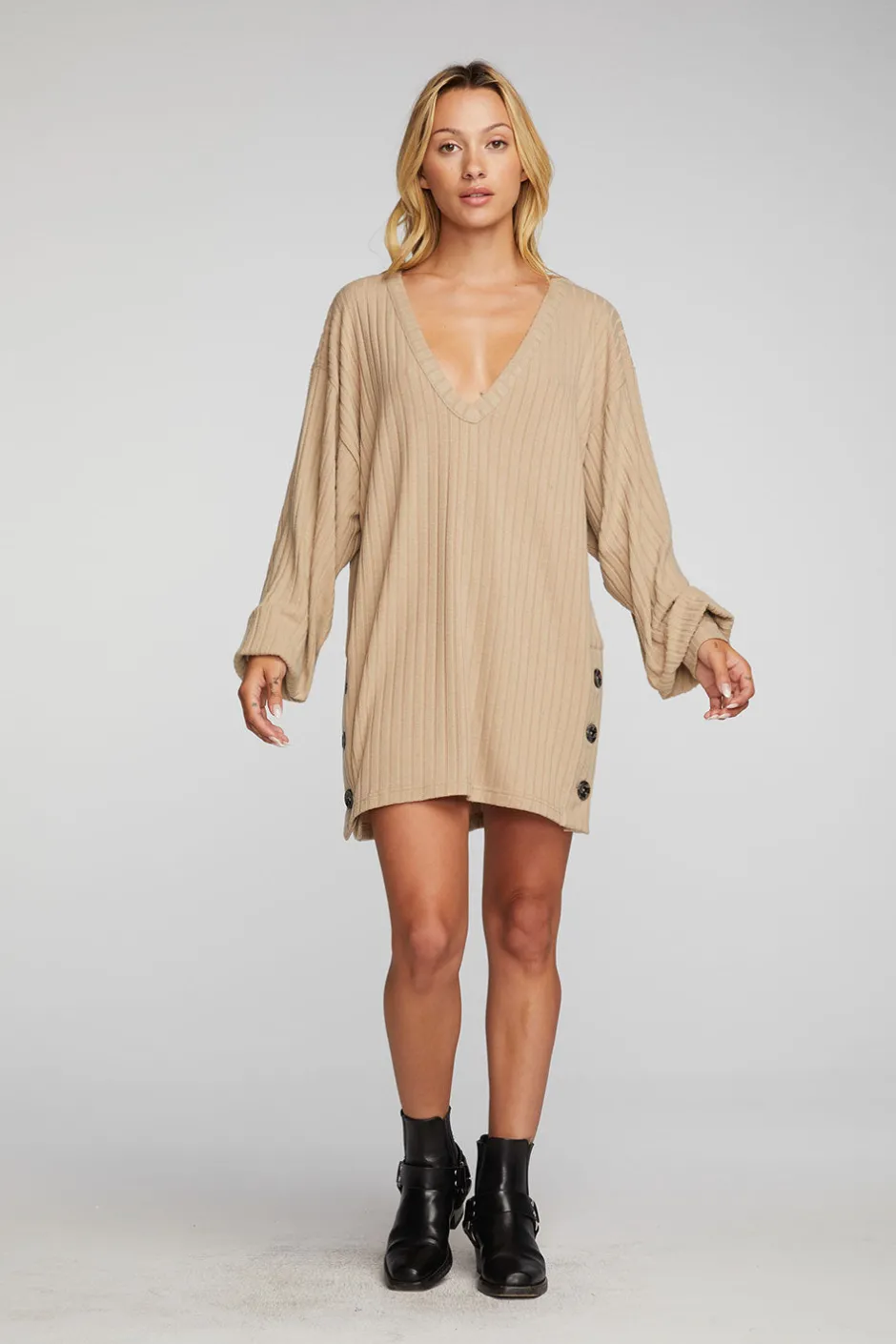 Women Chaser Brand Poor Boy Rib V-neck Tunic With Button Side Seam