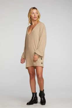 Women Chaser Brand Poor Boy Rib V-neck Tunic With Button Side Seam