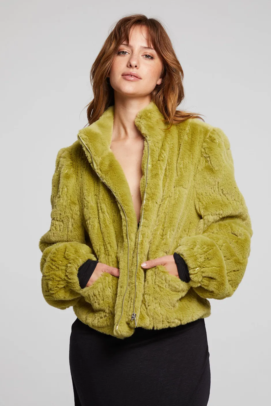 Women Chaser Brand Puff Sleeve Green Olive Jacket