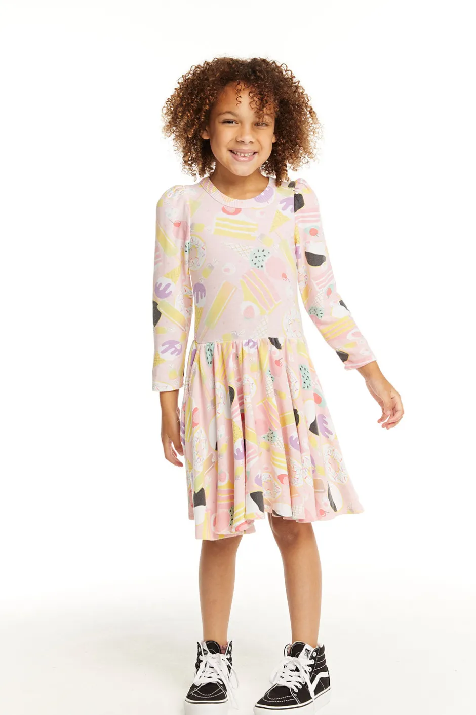 Kids Chaser Brand Puff Sweet Treats Long Sleeve Dress With Twirl Skirt