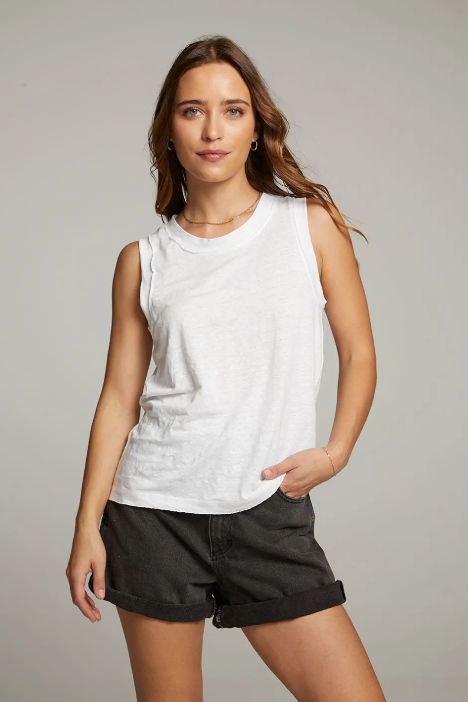 Women Chaser Brand Raw Edge White Muscle Tank
