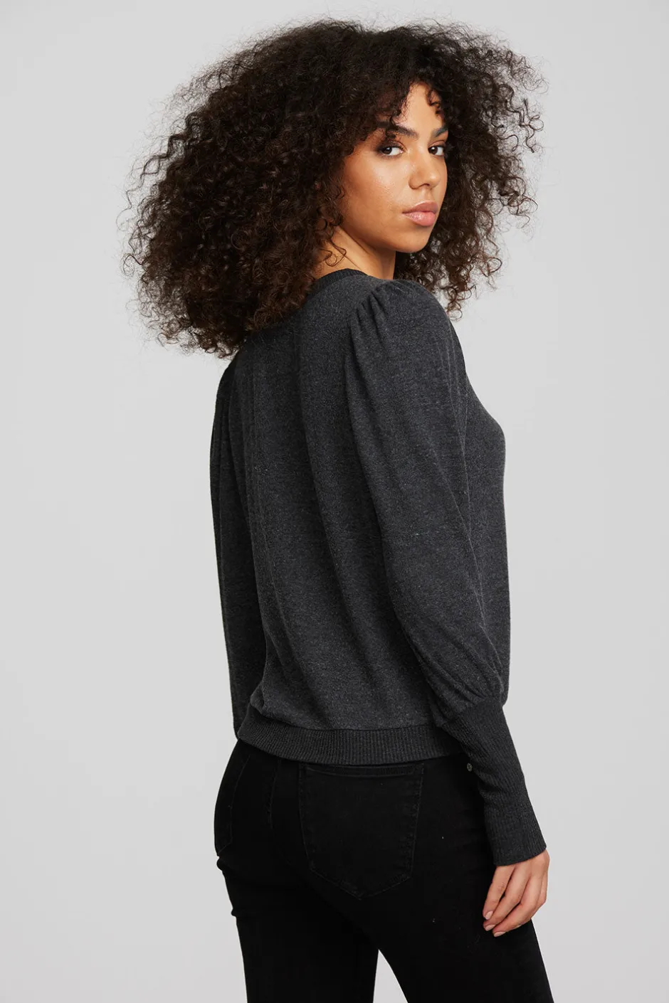 Women Chaser Brand Recycled Bliss Knit Crewneck Pullover With Rib And Puff Sleeve