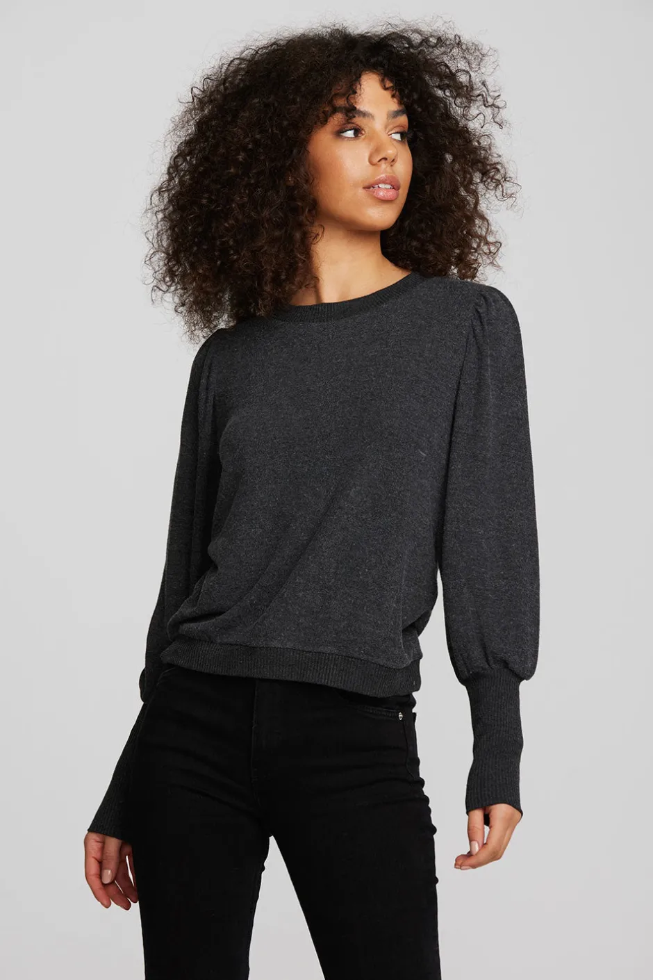Women Chaser Brand Recycled Bliss Knit Crewneck Pullover With Rib And Puff Sleeve