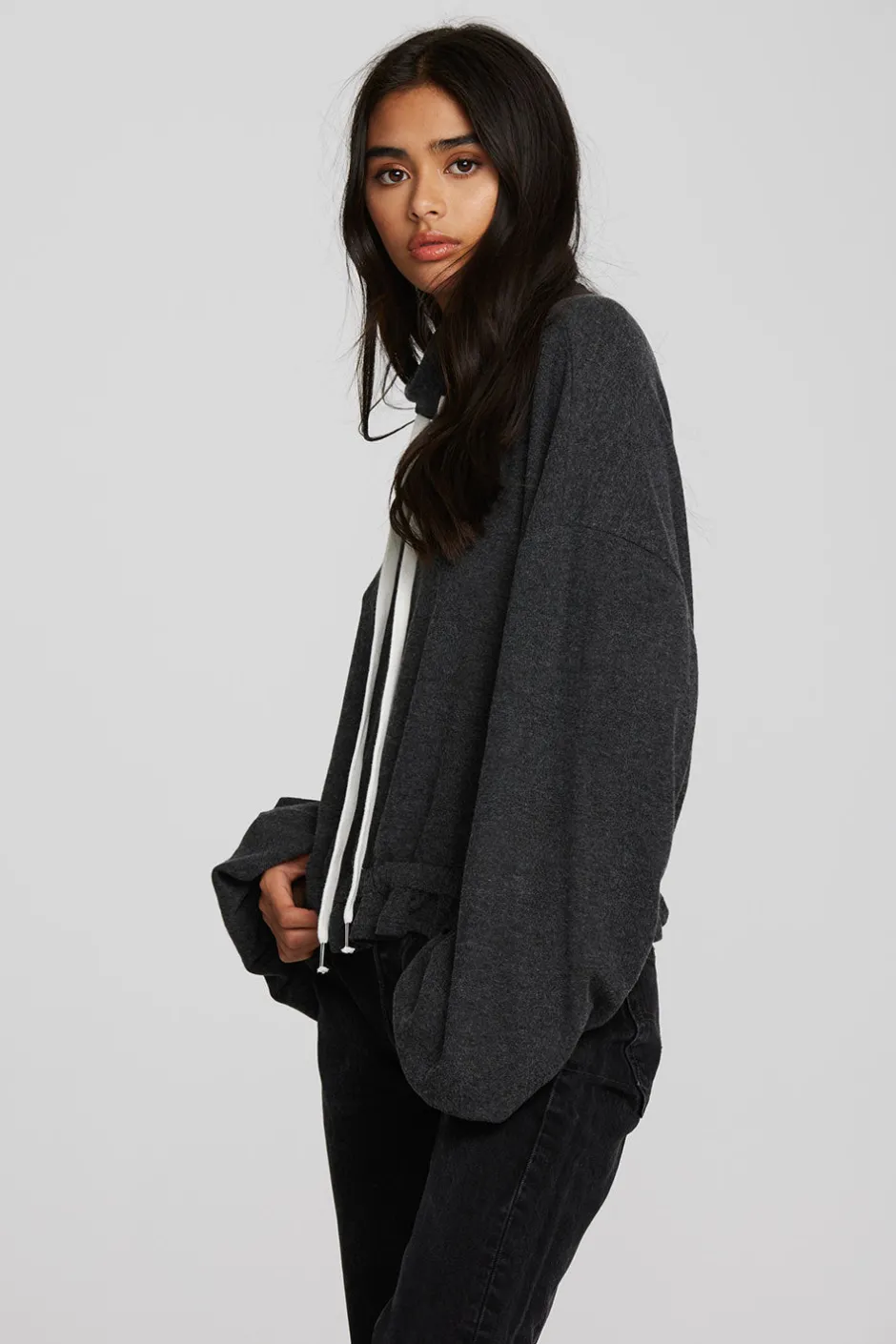 Women Chaser Brand Recycled Bliss Knit Cropped Pullover With Elastic Waist & Sleeve