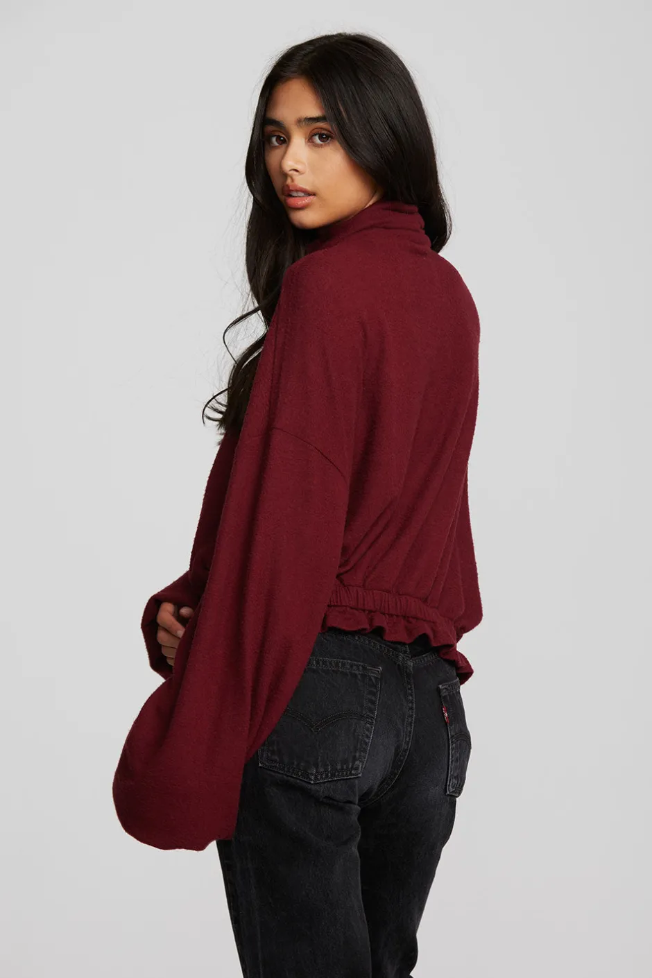 Women Chaser Brand Recycled Bliss Knit Cropped Pullover With Elastic Waist & Sleeve