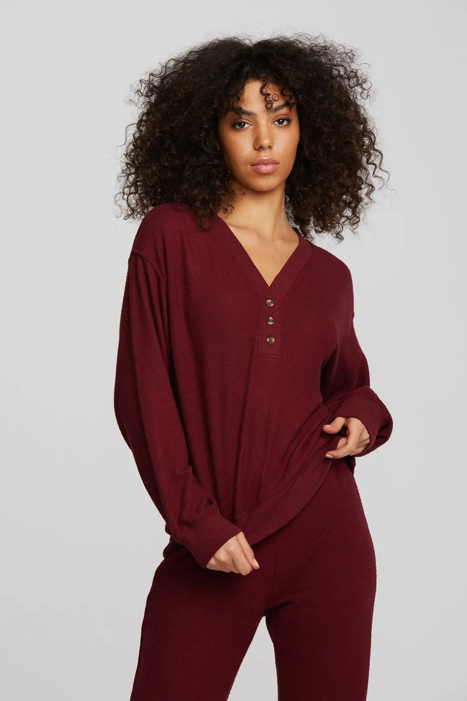 Women Chaser Brand Recycled Bliss Knit Long Sleeve Henley With Rib