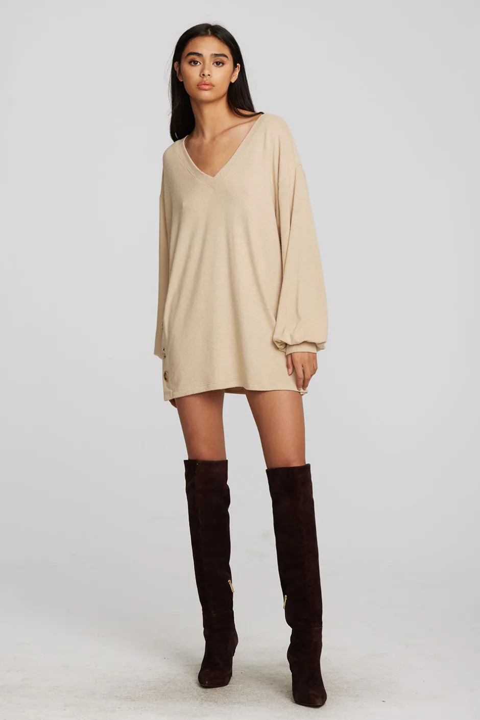 Women Chaser Brand Recycled Bliss Knit V-neck Tunic With Button Side Seam
