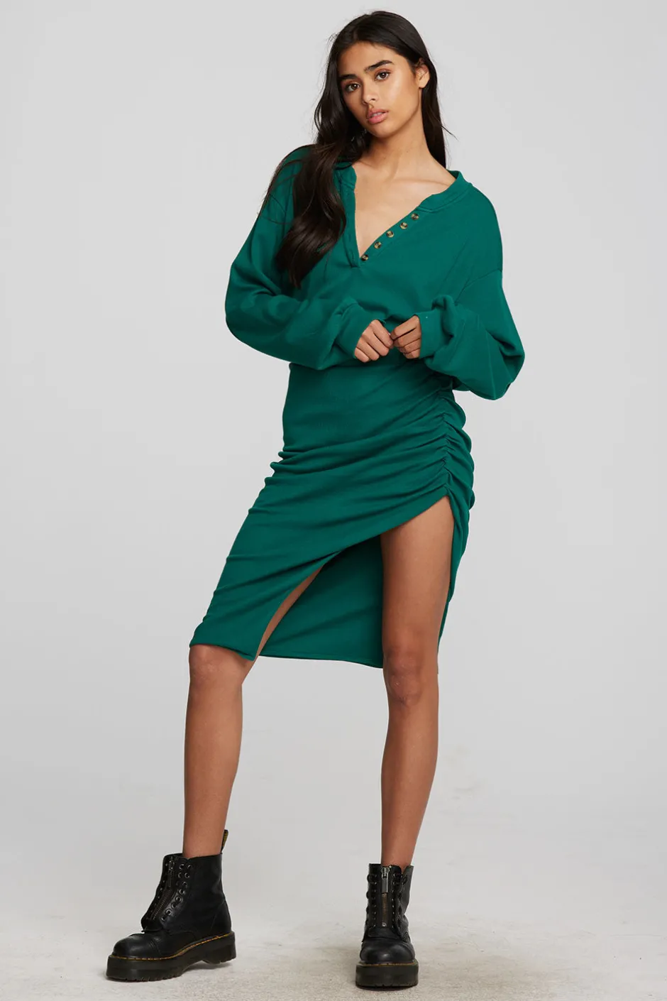 Women Chaser Brand Recycled Vintage Rib Midi Dress With Shirring And Side Slit