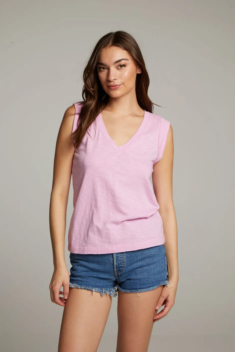Women Chaser Brand Rolled Pastel Lavender Armhole V-neck Muscle Tank