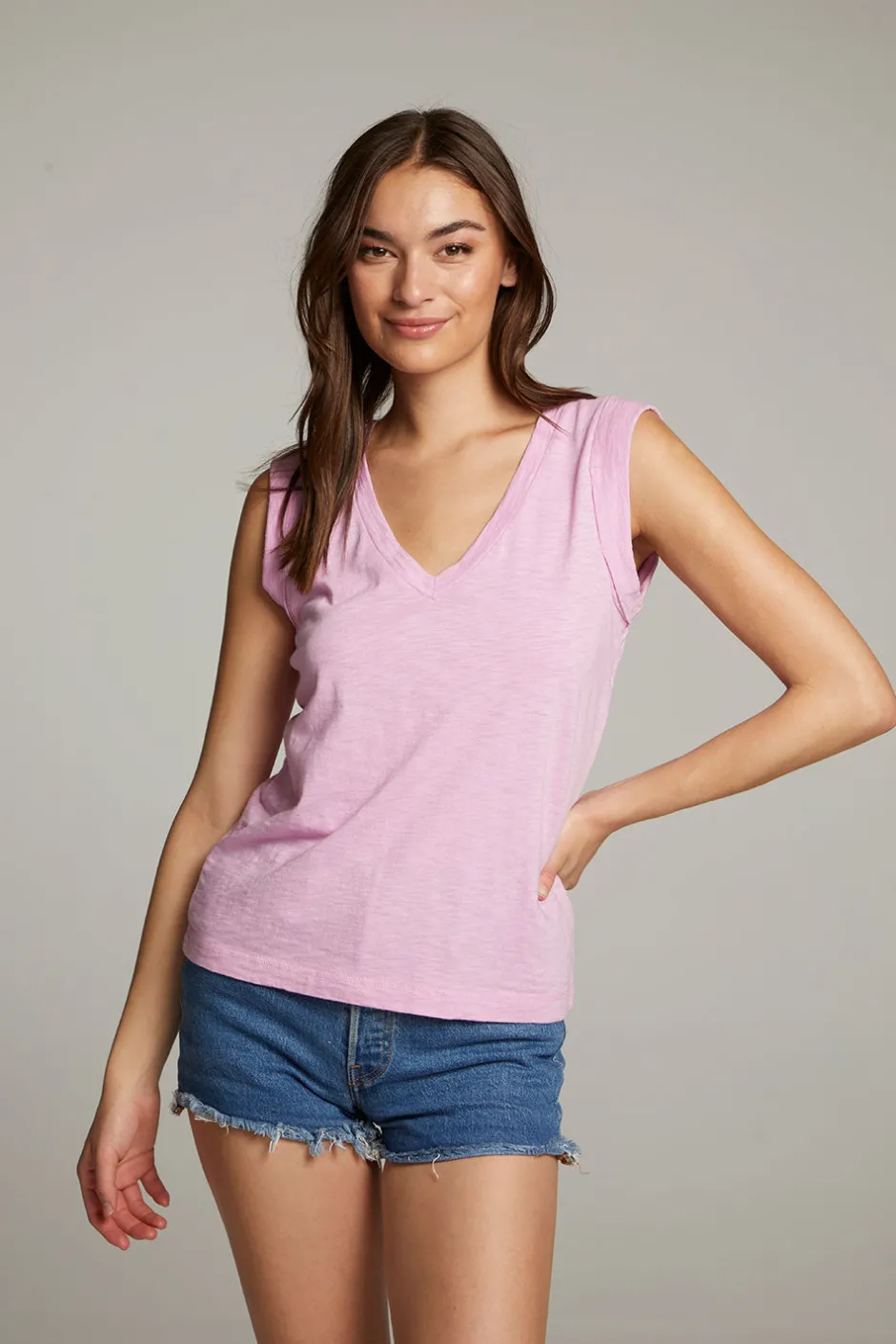 Women Chaser Brand Rolled Pastel Lavender Armhole V-neck Muscle Tank