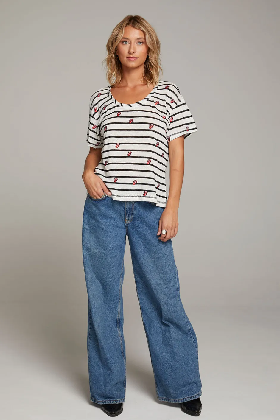 Women Chaser Brand Rolling Stones All Over Logo Tee