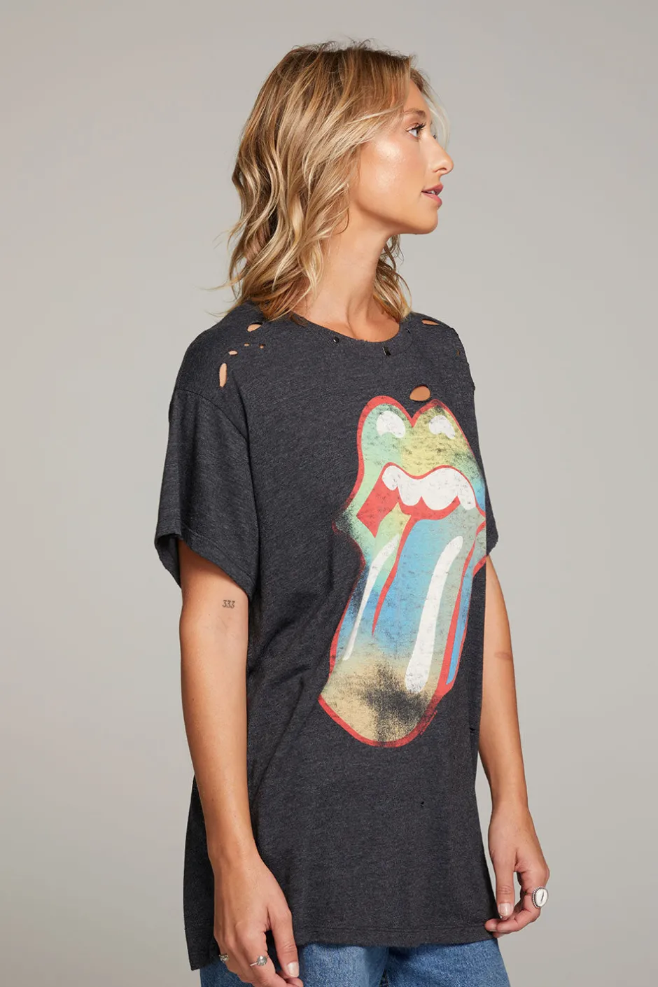 Women Chaser Brand Rolling Stones Classic Logo Distressed Tee