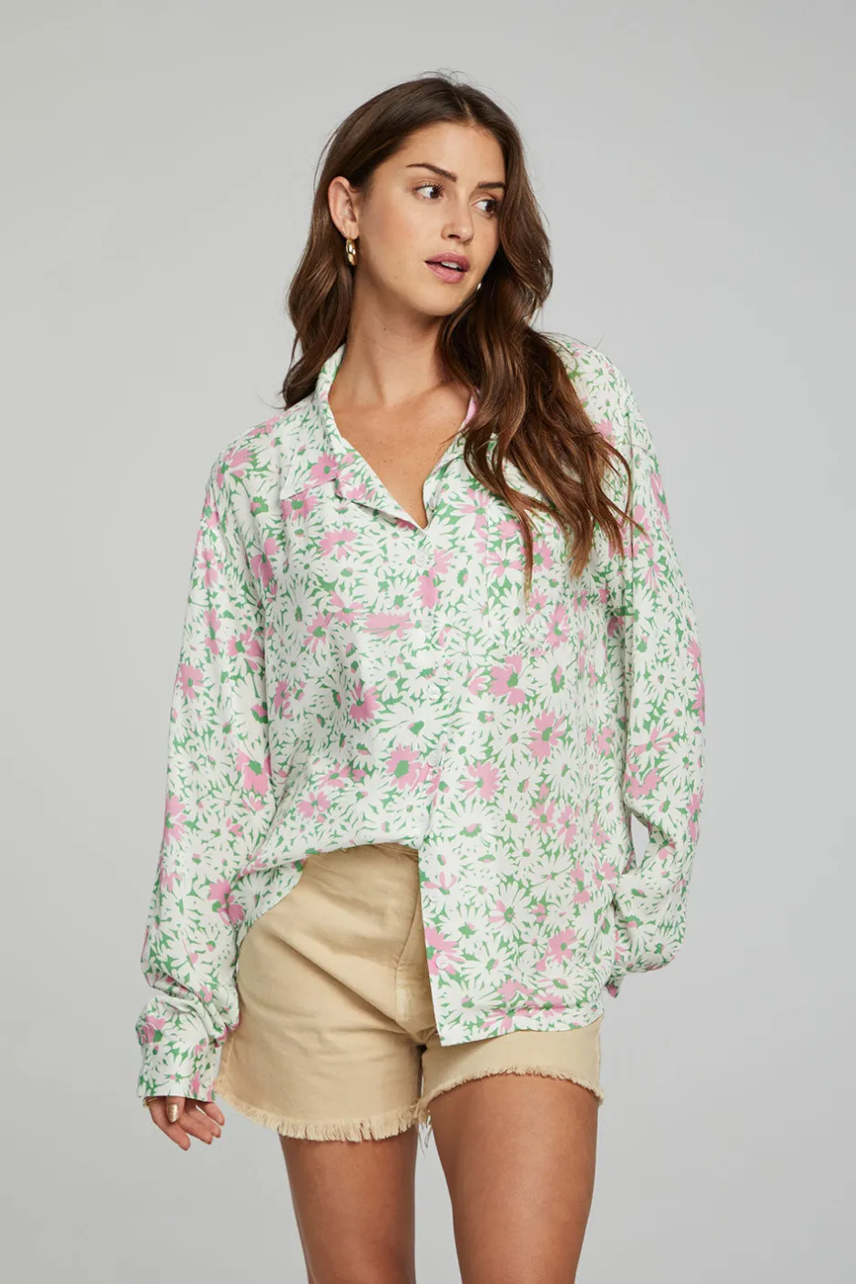 Women Chaser Brand Saville Button Down - Grass Daisy Floral