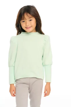 Kids Chaser Brand Semi Cropped Hi Lo Mock Neck Puff Sleeve Pullover