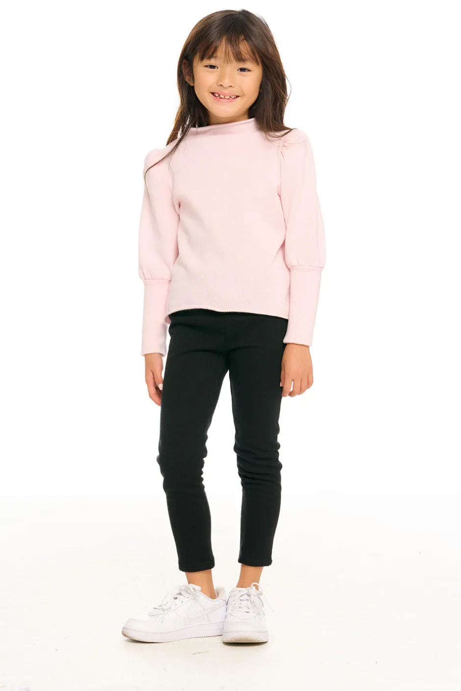 Kids Chaser Brand Semi Cropped Hi Lo Mock Neck Puff Sleeve Pullover