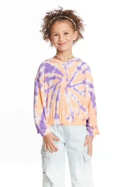 Kids Chaser Brand Semi Cropped Peach Lavender Girls Shirred Hoodie Pullover