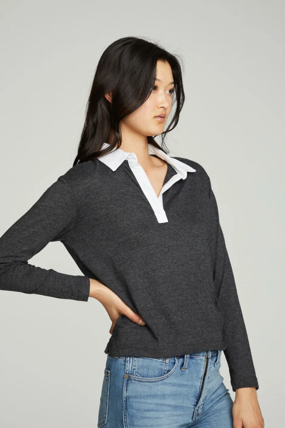 Women Chaser Brand Semi Cropped Polo Boxy Short Sleeve Tee