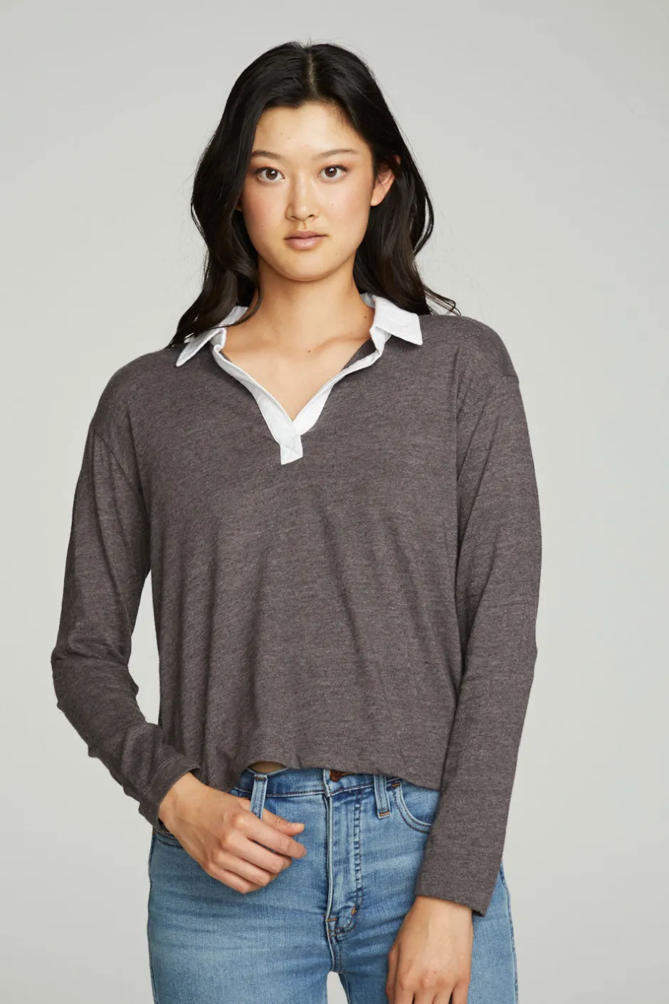 Women Chaser Brand Semi Cropped Polo Boxy Short Sleeve Tee