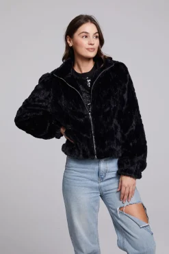 Women Chaser Brand Sequin Faux Fur Puff Sleeve Jacket