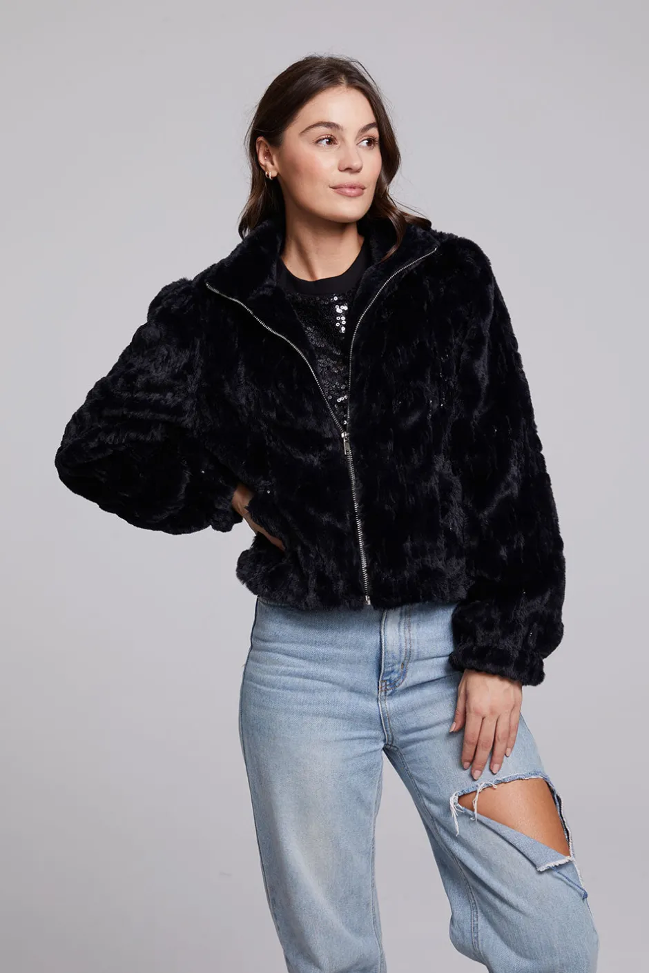 Women Chaser Brand Sequin Faux Fur Puff Sleeve Jacket
